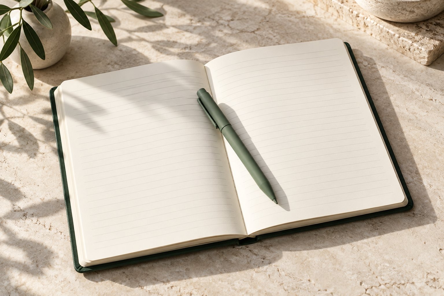 An open notebook with blank ruled pages and a plain pen on a pale stone surface