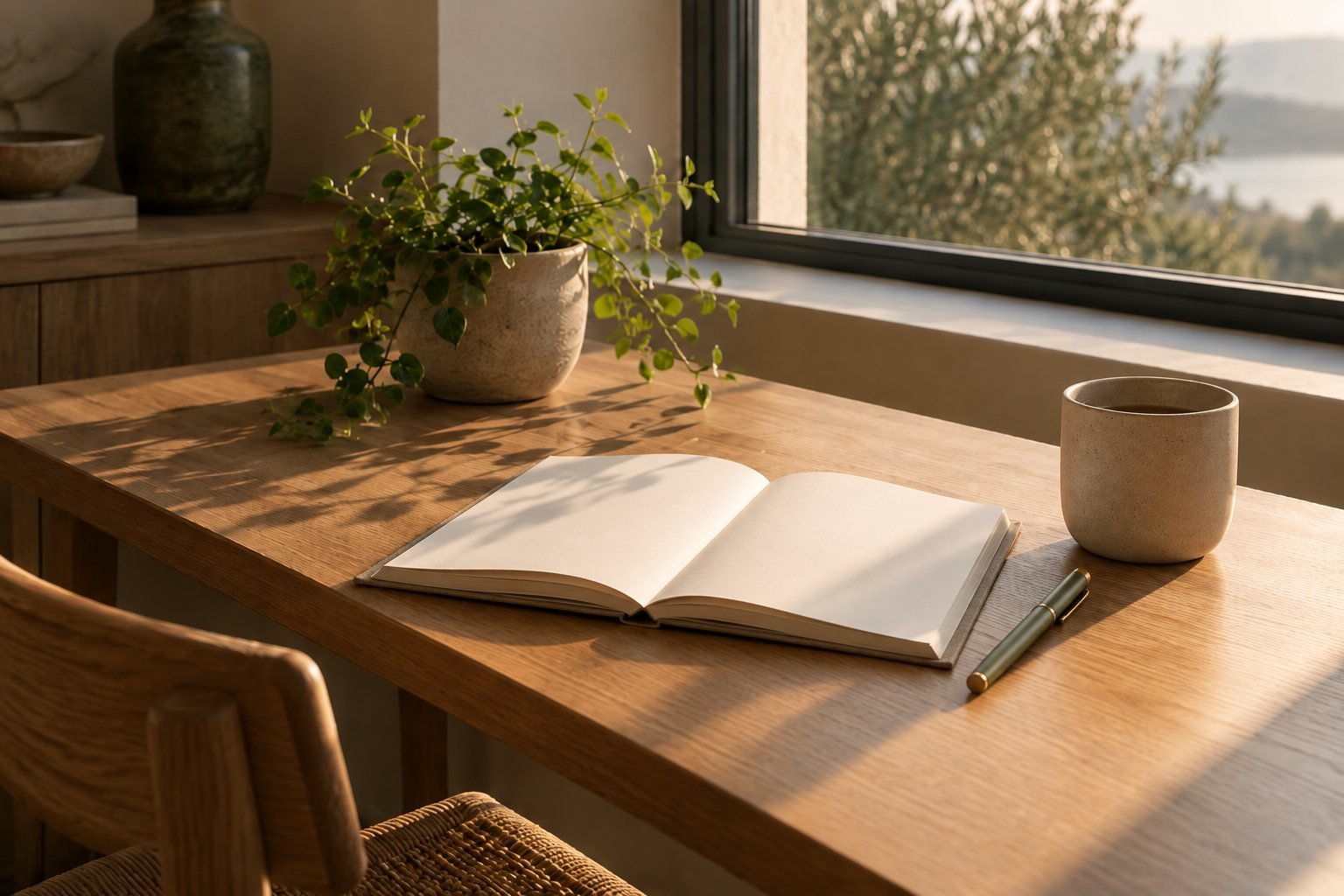 An open planner and a pen on a desk in soft afternoon light