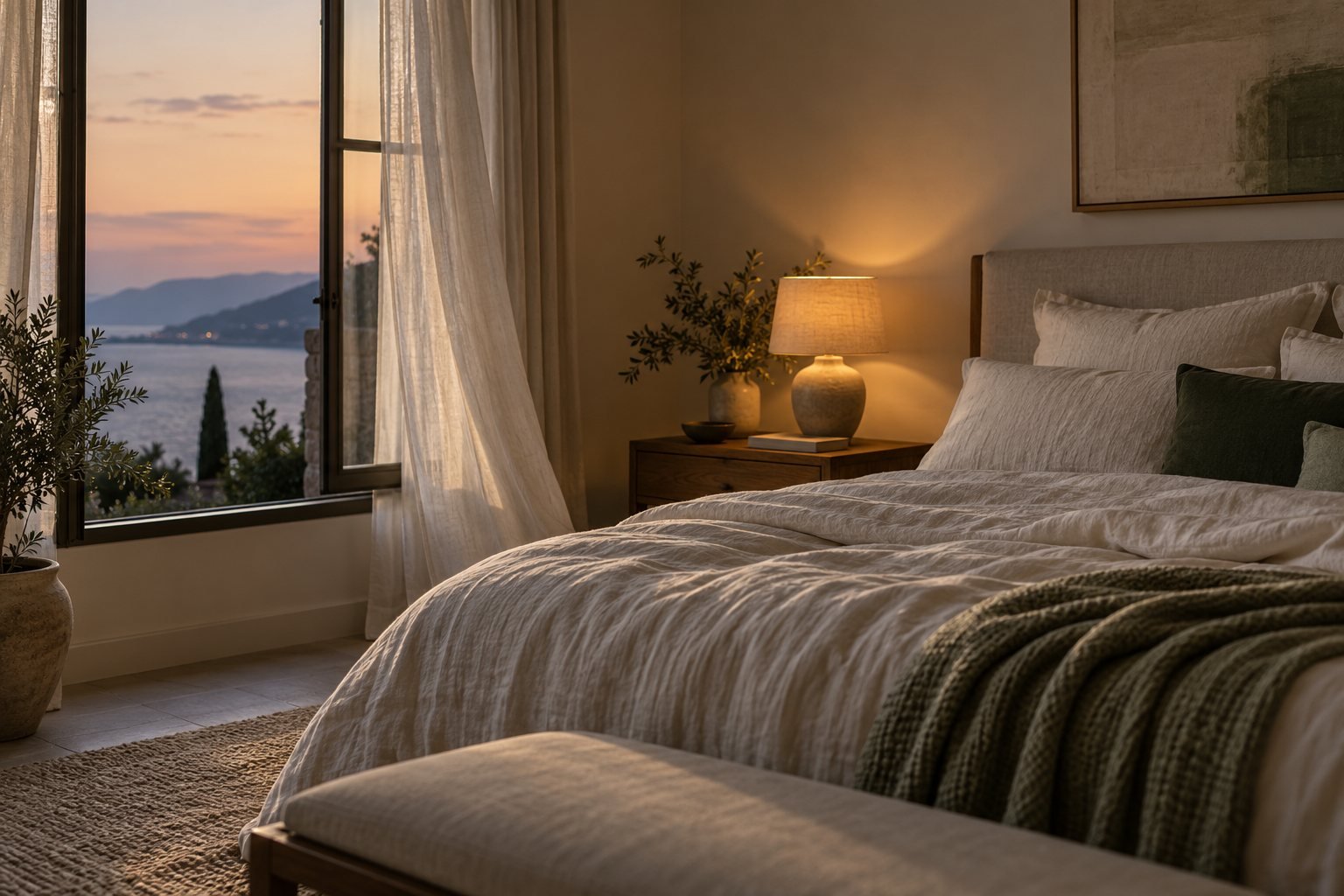 Cool, dim bedroom with linen bedding, a low warm lamp and a slightly open window