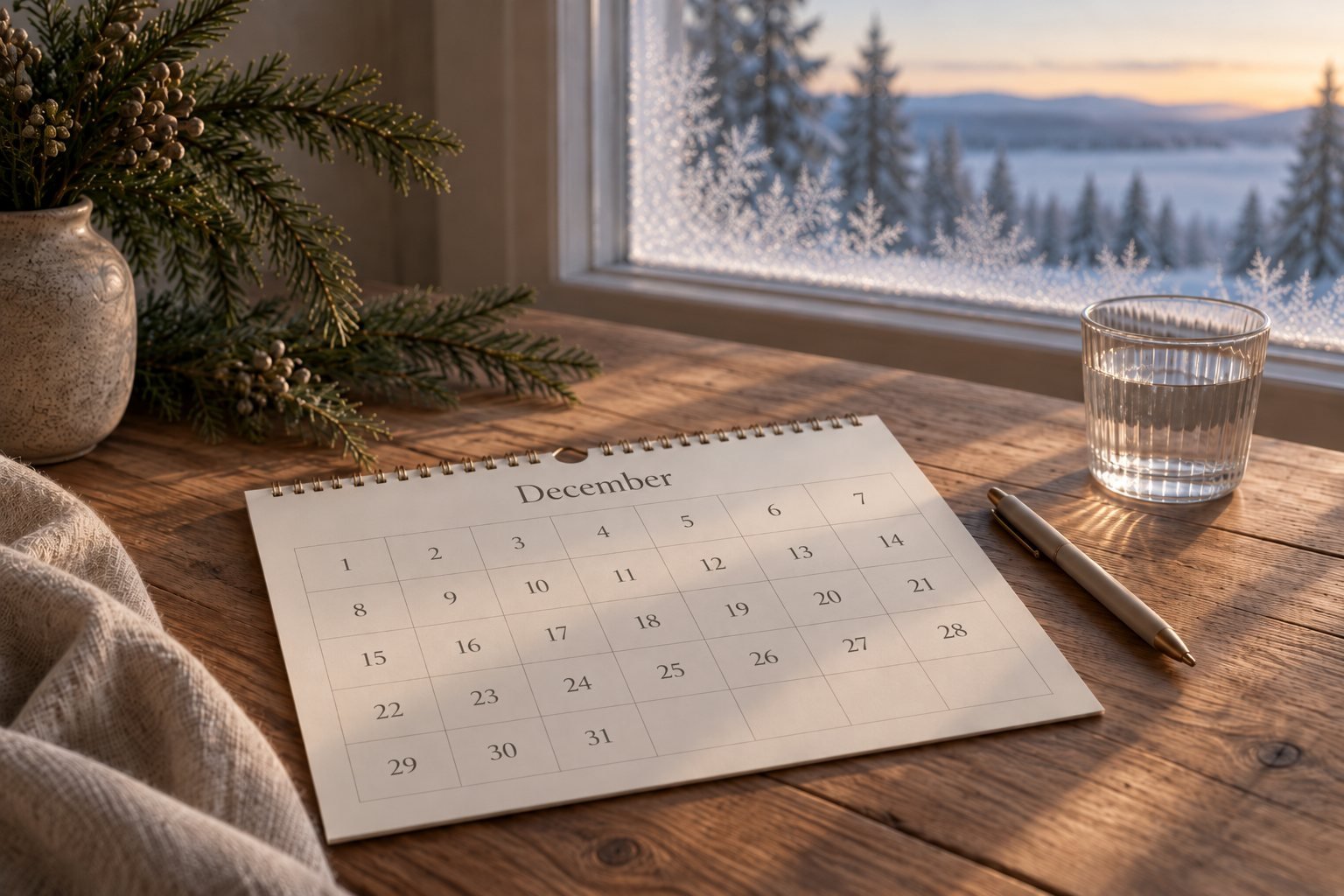 A blank calendar page and a glass of water on a wooden table in winter light