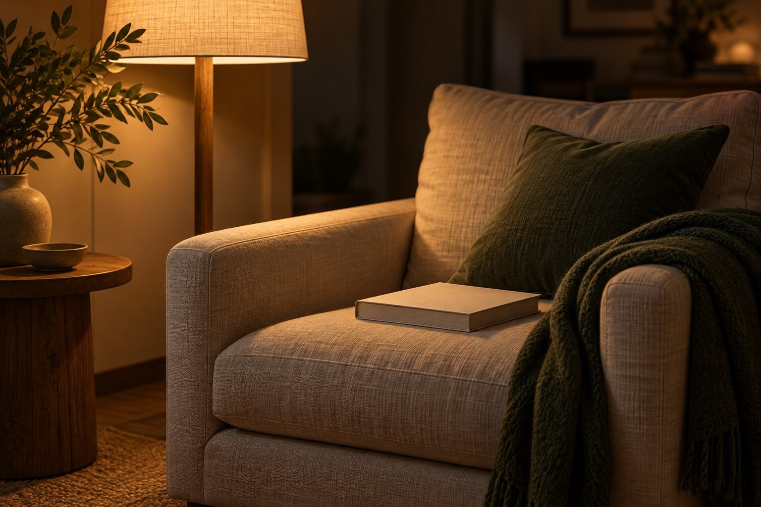 A linen armchair and a low lamp in a quiet room at night
