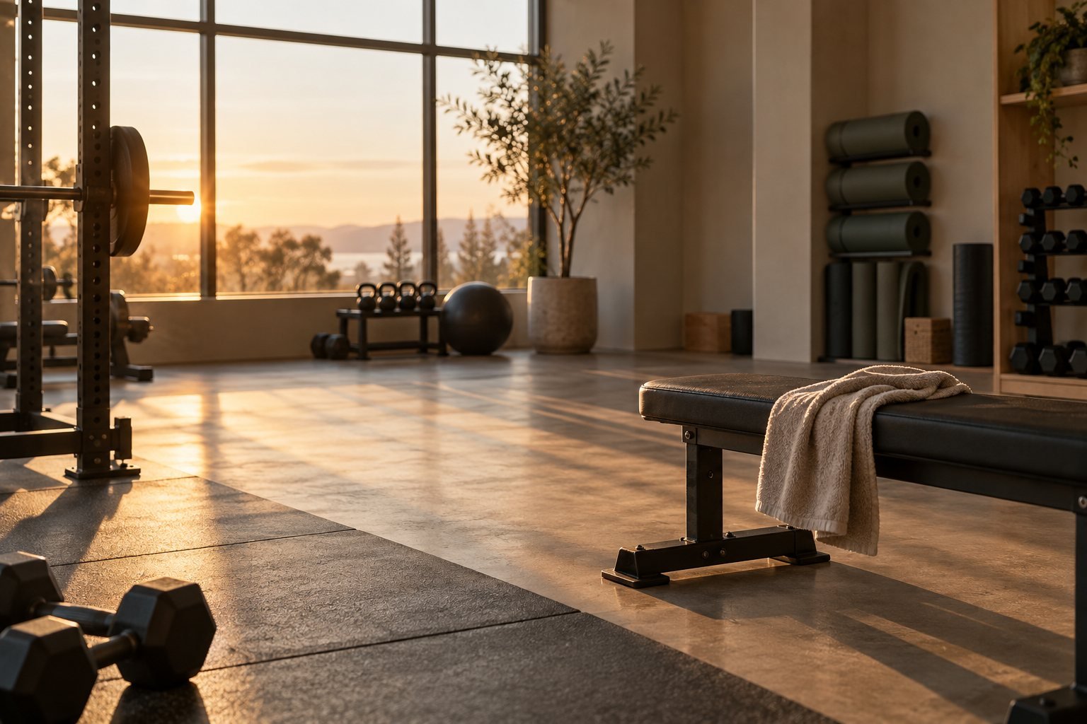 An empty gym floor at the end of the day with stacked mats and a towel left on a bench