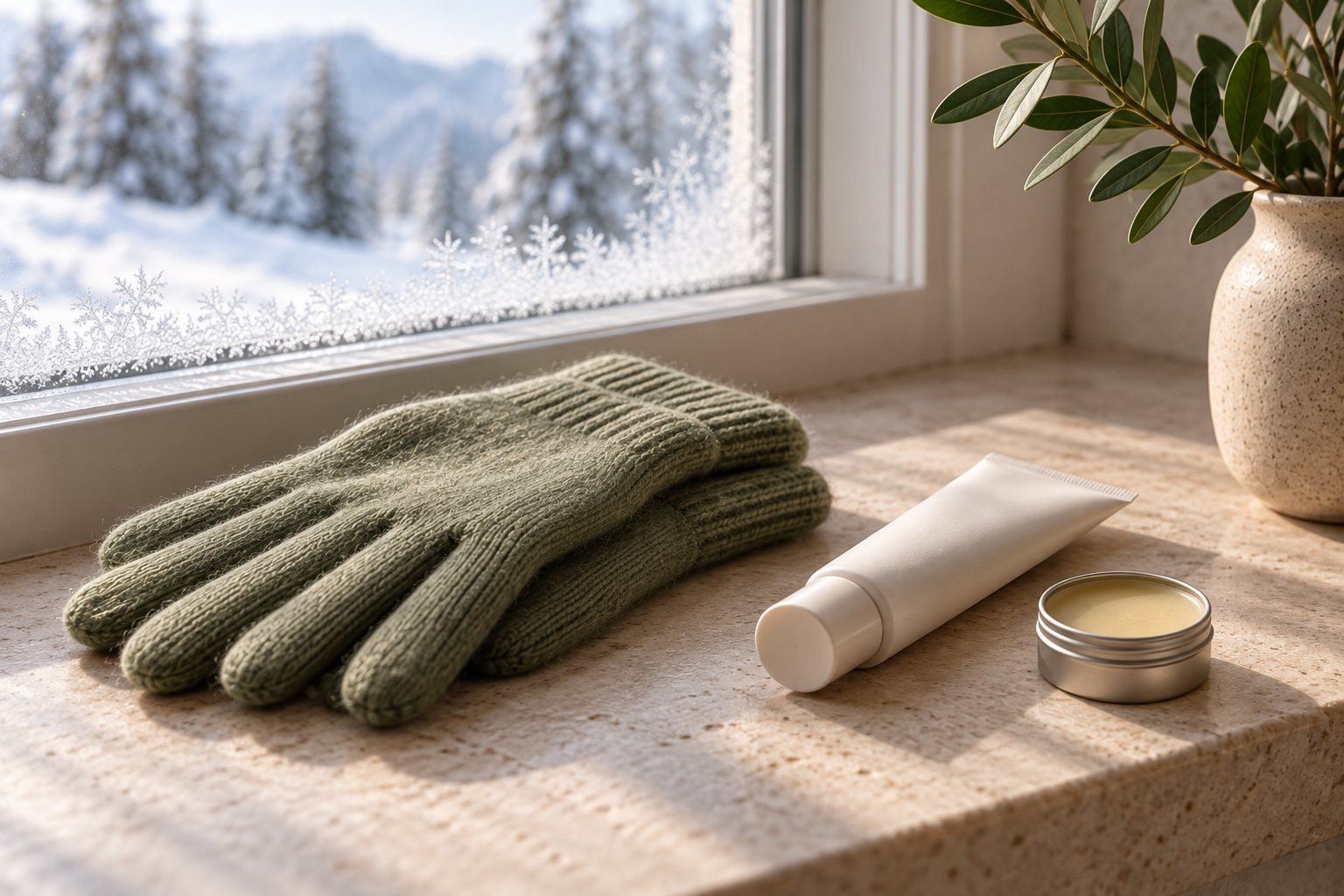 Gloves, a hand cream tube and a lip balm on a windowsill in winter light