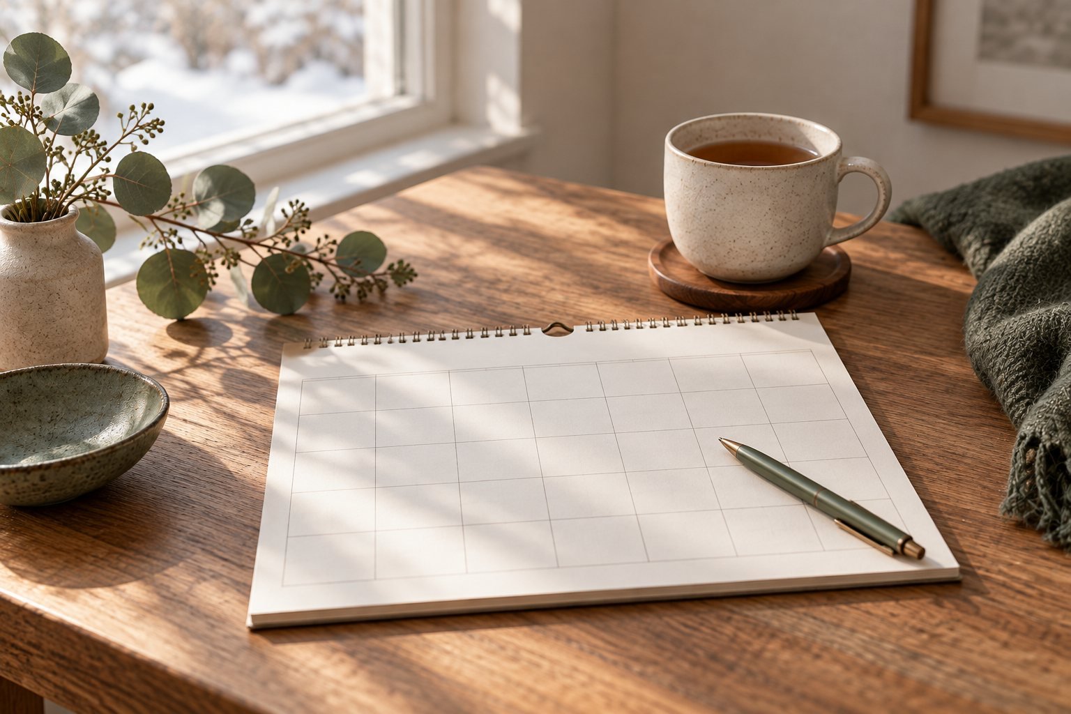 A calendar page and a pen on a desk with a cup of tea in low winter light