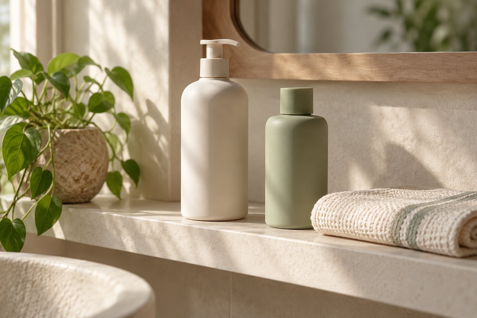 Two plain unlabelled bottles and a folded cotton cloth on a pale bathroom shelf, soft diffused daylight