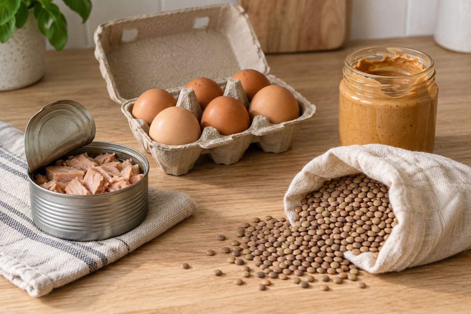 A kitchen counter holding a tin of tuna, a carton of eggs, a bag of lentils and a jar of peanut butter