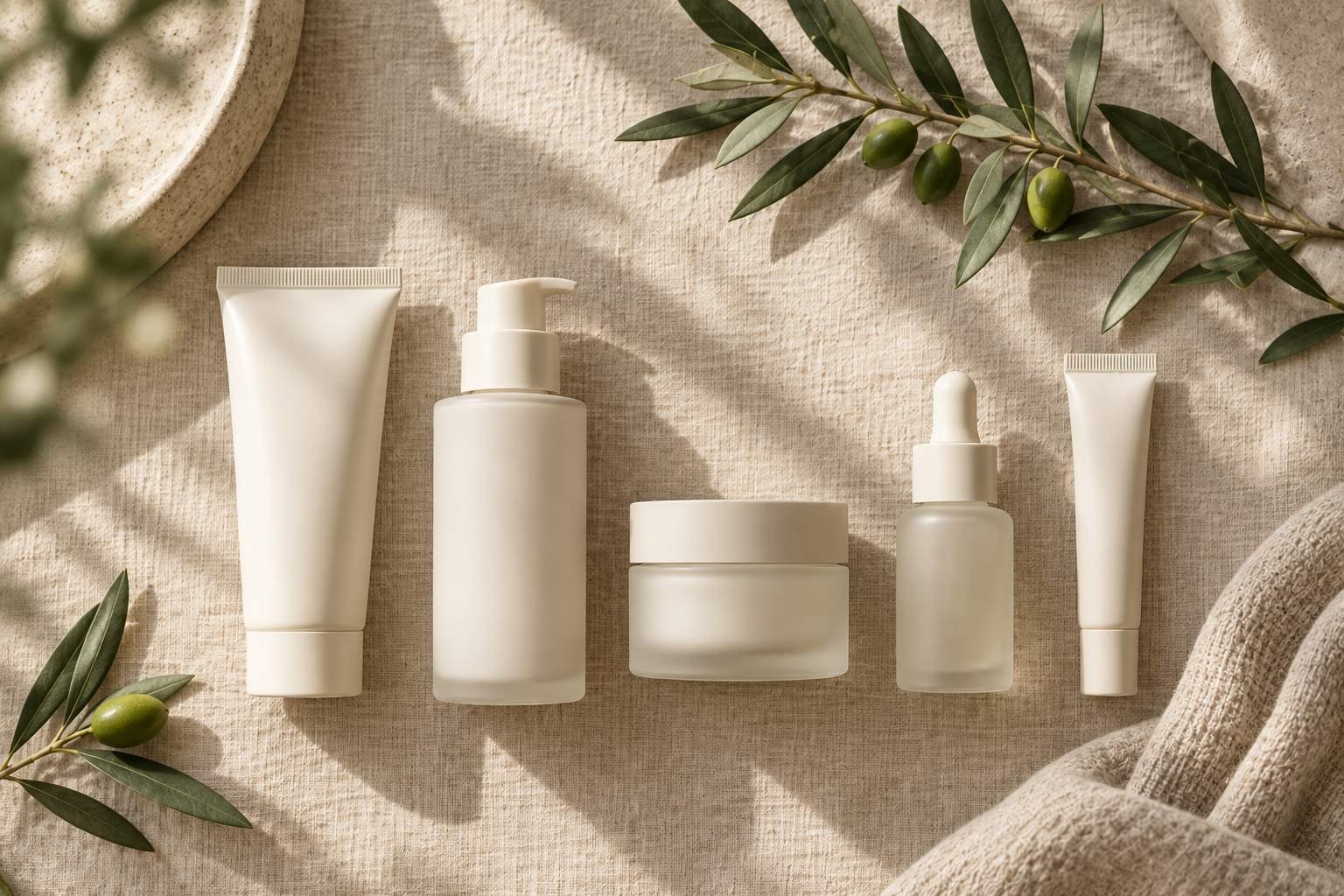 The five products of a simple skin care routine laid out on a linen cloth