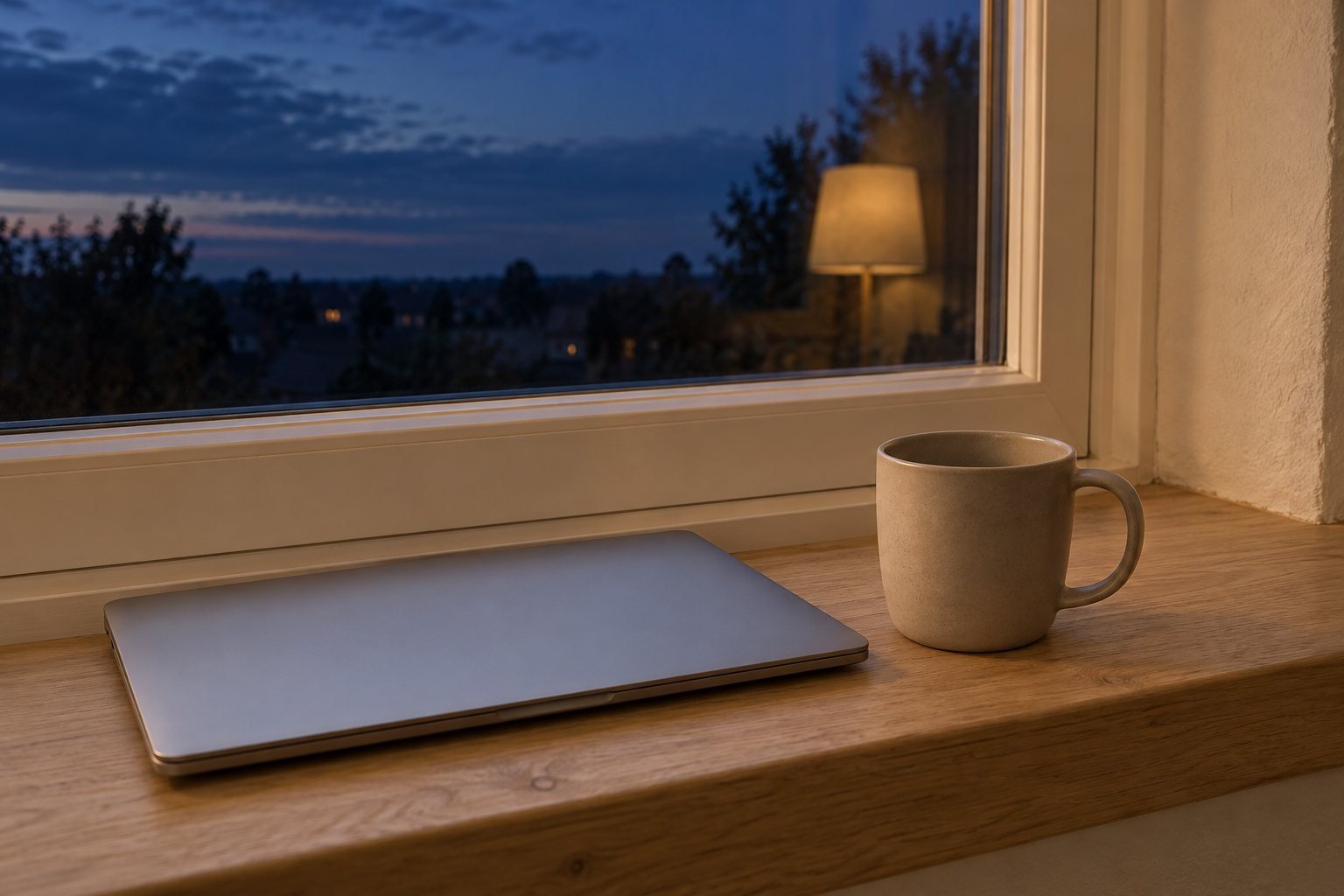 A kitchen window at dusk with a closed laptop and an empty mug on the sill
