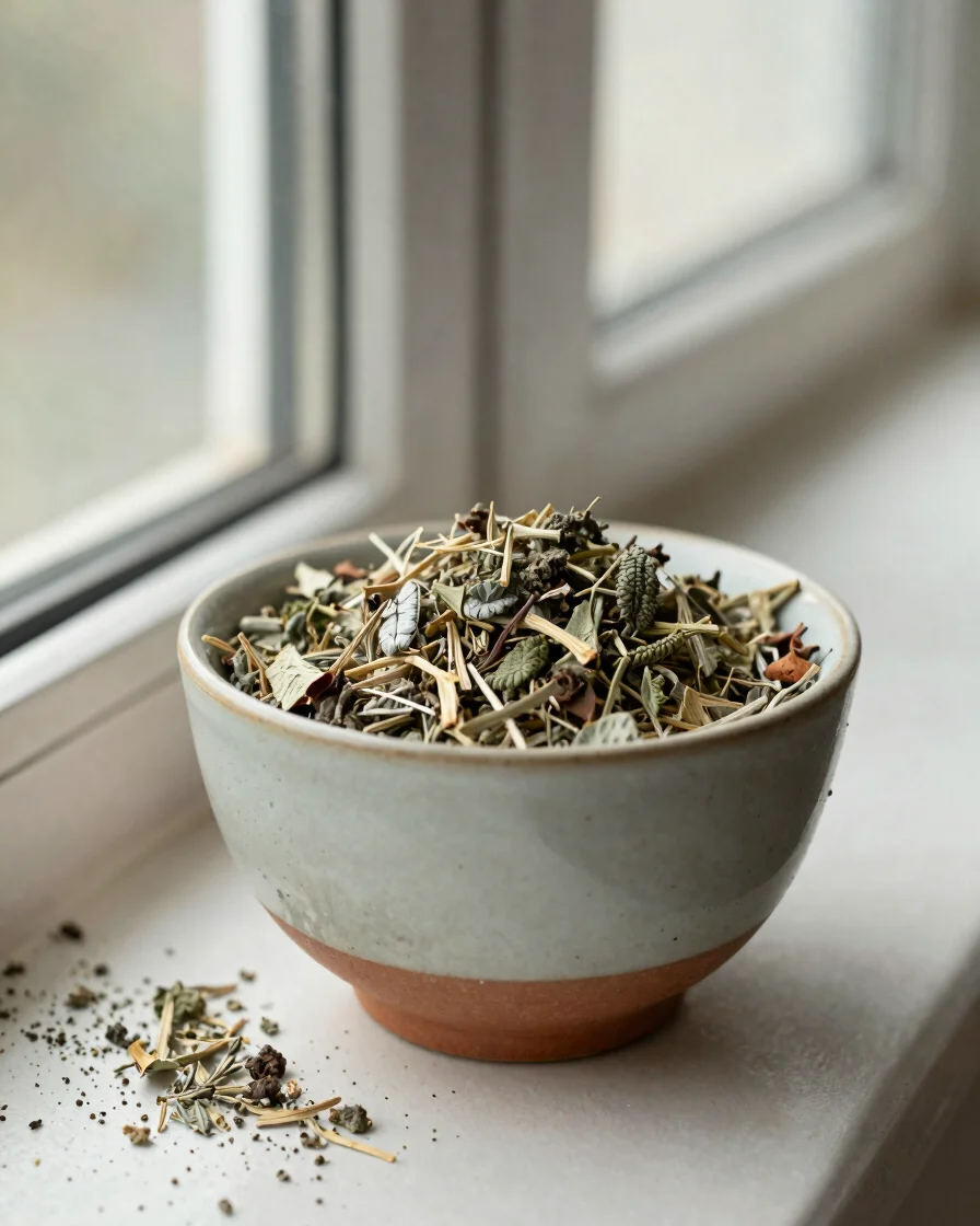 Tactile close-up of a ceramic cup of loose dried herbs beside a window, soft natural daylight, sage and sand tones, shal
