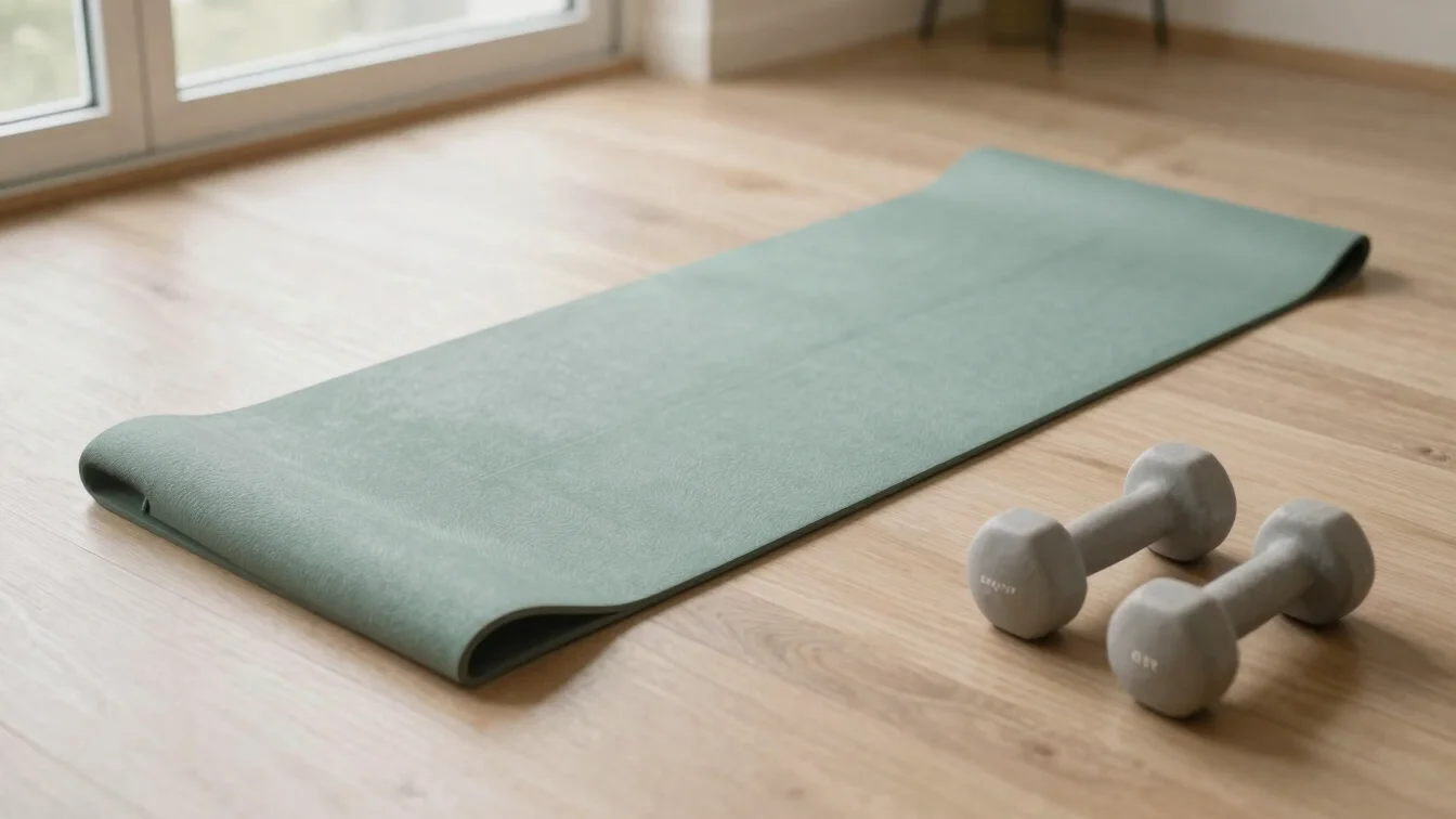 Overhead study of a folded yoga mat and a pair of light dumbbells on a sand-toned wooden floor, soft window light, calm