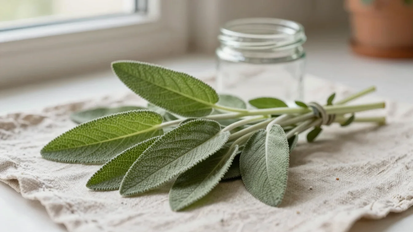 Tactile close-up of fresh sage leaves and a small glass jar on a linen cloth, soft natural window light, muted sage pale