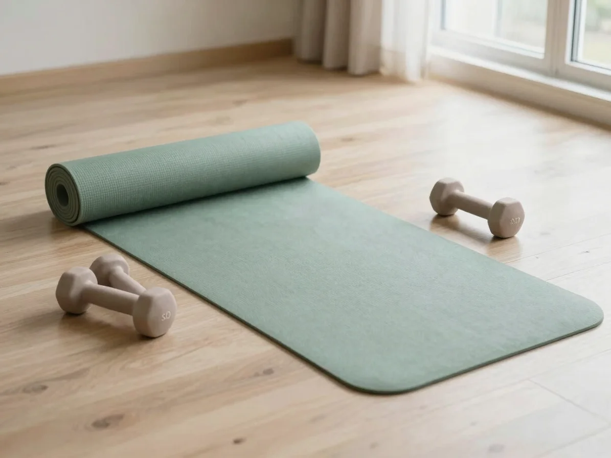 Overhead study of a rolled yoga mat and a pair of light dumbbells on a sand-colored wooden floor, soft natural window li
