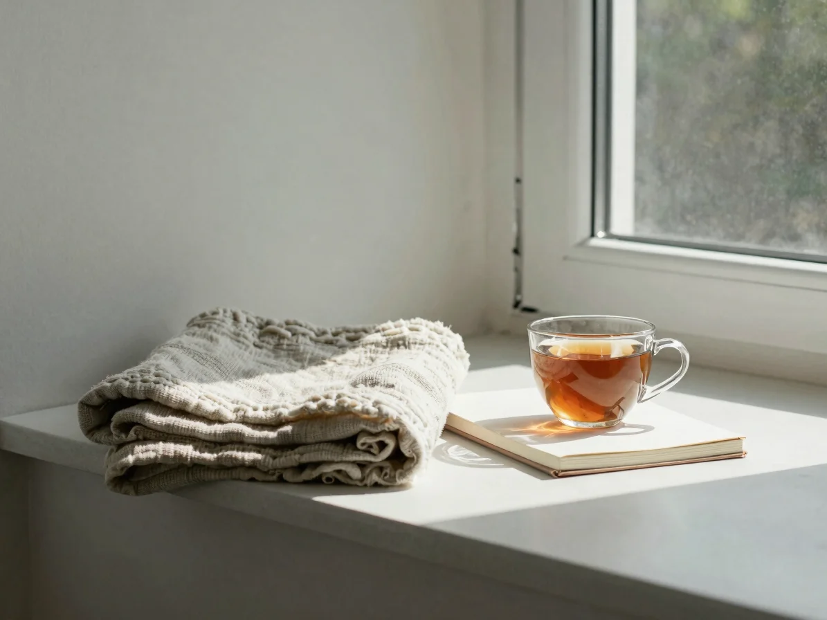 Quiet corner with a folded linen blanket, a cup of tea and a closed notebook beside a window, soft natural daylight, gen