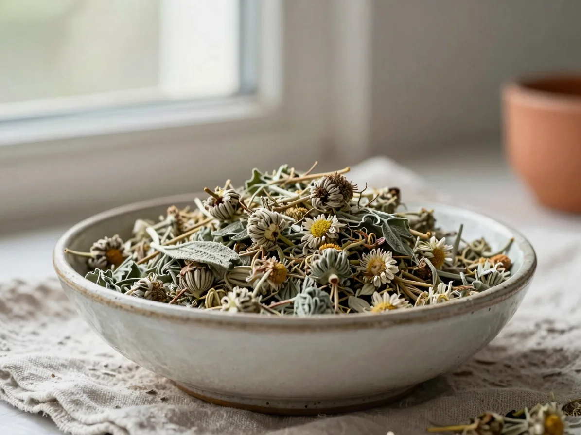 Tactile close-up of dried sage and chamomile heads in a ceramic bowl on a linen cloth, soft window light, restrained ter