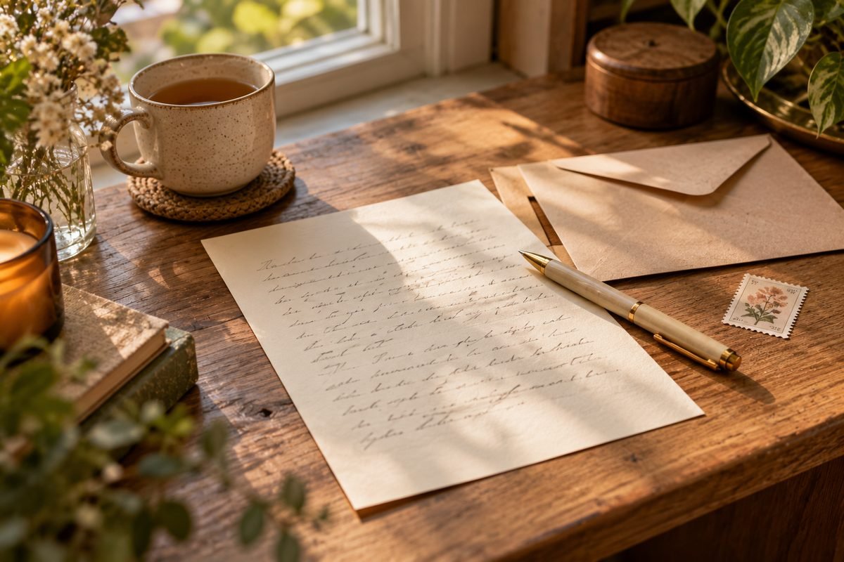 Handwritten letter with pen, stamp and envelope on a wooden table