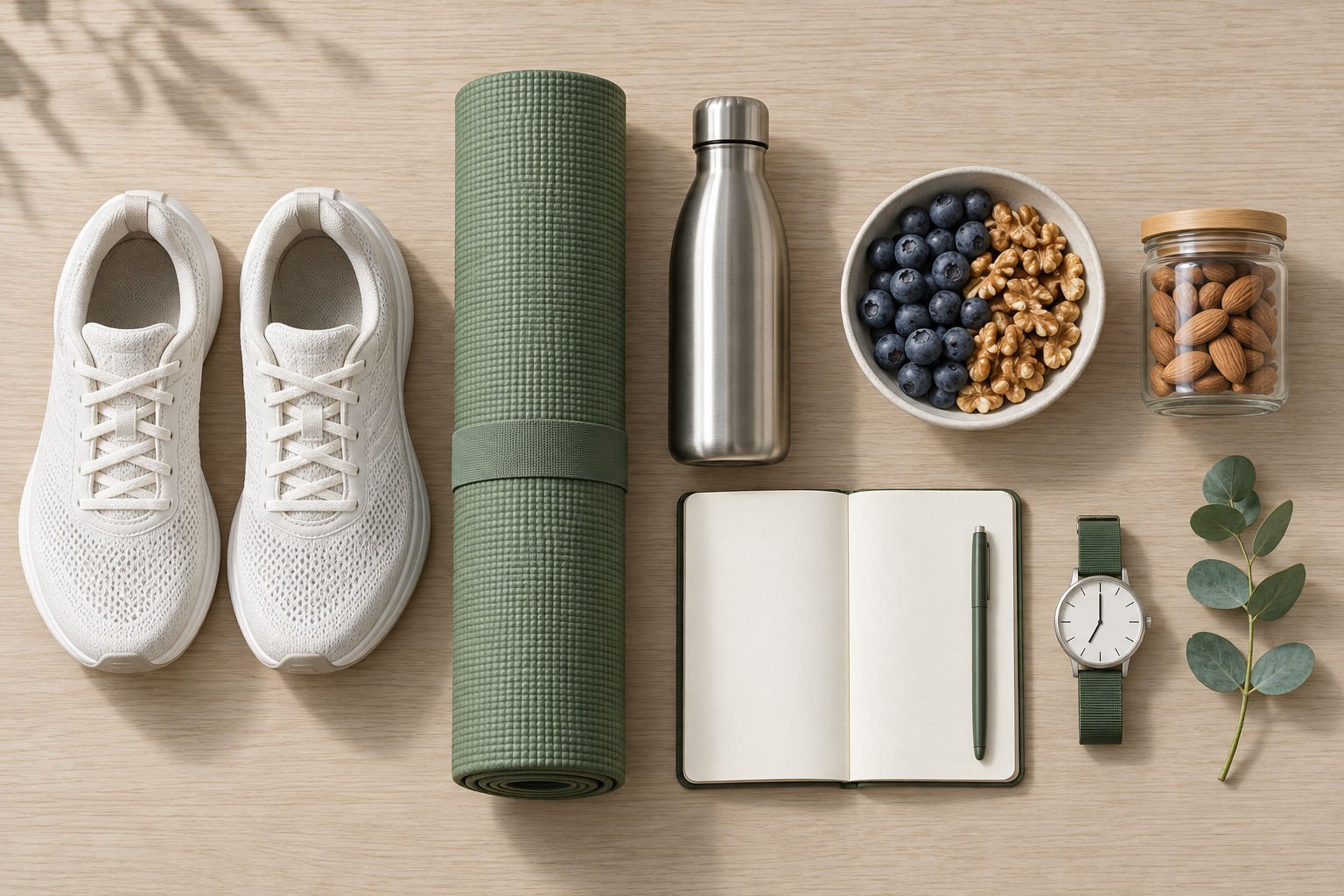 Running shoes, a yoga mat, a water bottle, a blank notebook, a bowl of blueberries and walnuts, almonds and a watch laid out in neat rows on a pale oak table