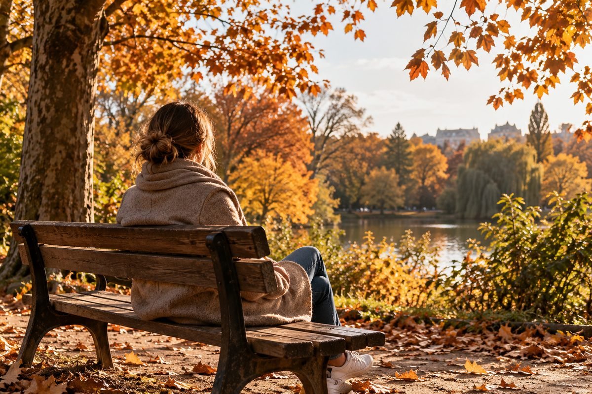 Person taking a phone-free nature break on a park bench in autumn