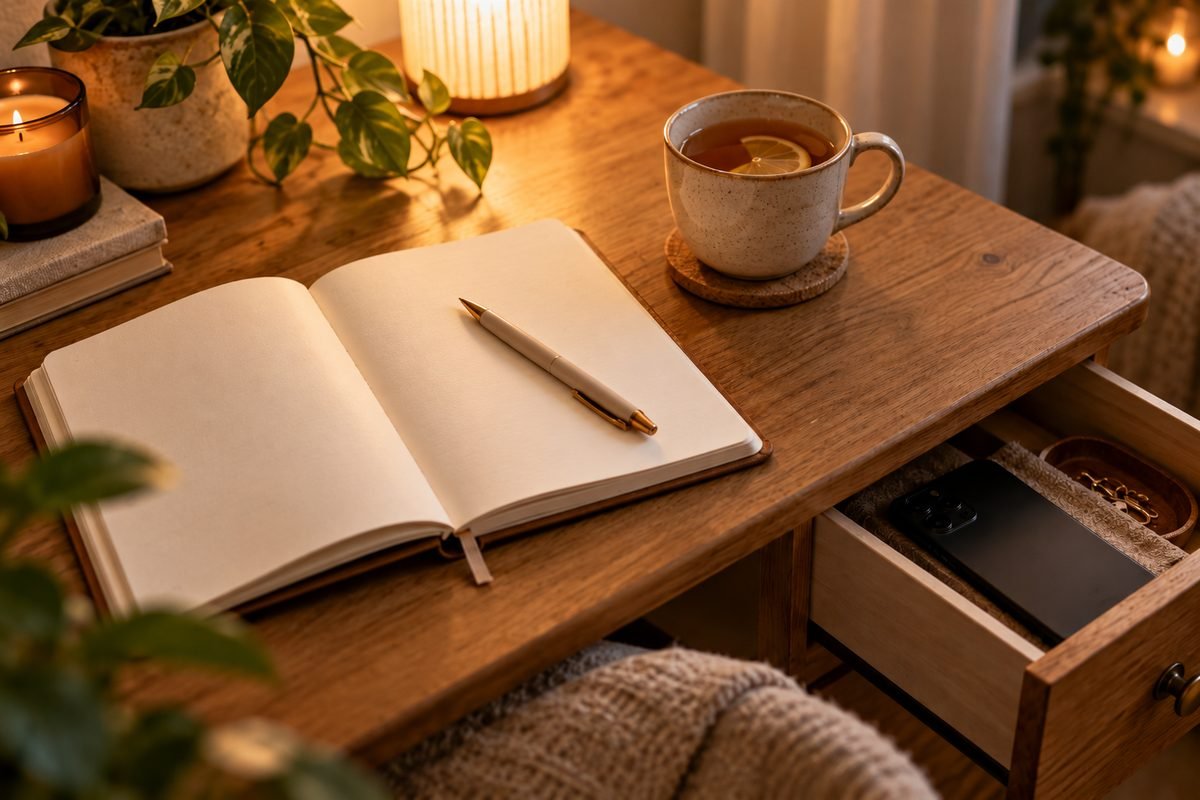 Notebook, pen and tea on a desk with a phone put away in a drawer