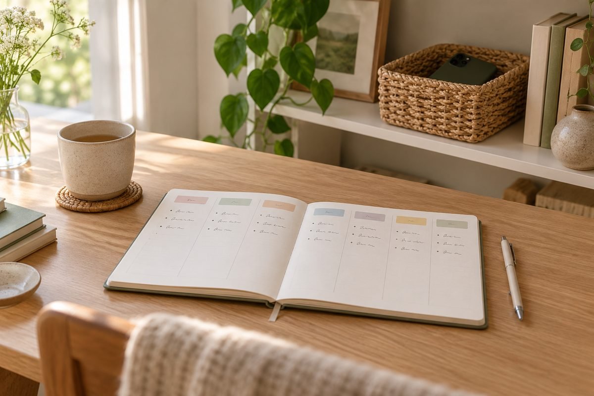 Weekly planner for a 7-day offline reset with the phone in a basket