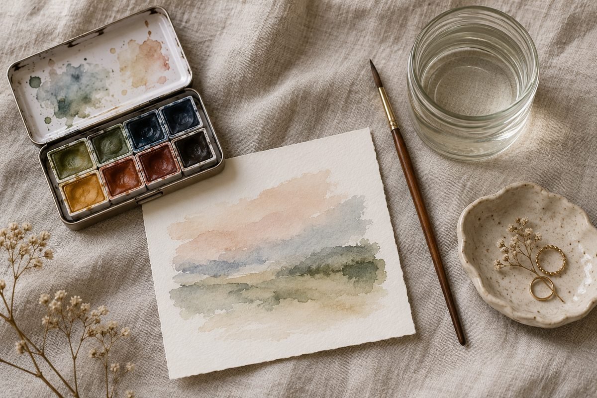 Watercolor set and a handmade clay trinket dish on a linen cloth